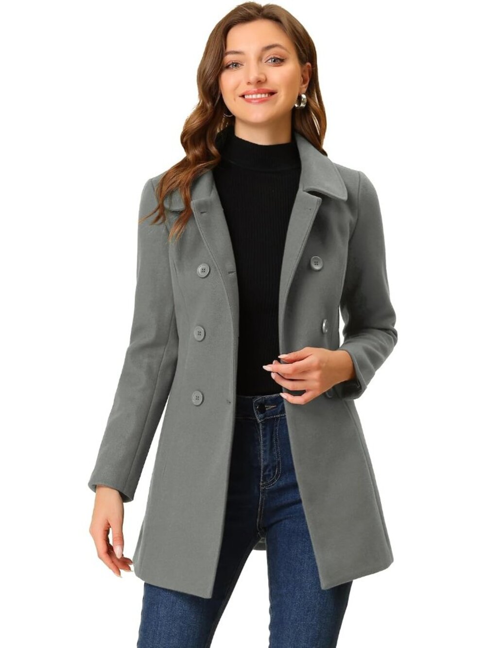 Women's Grey Fully lined Peter Pan Collar Double Breasted Long Trench Pea Coat